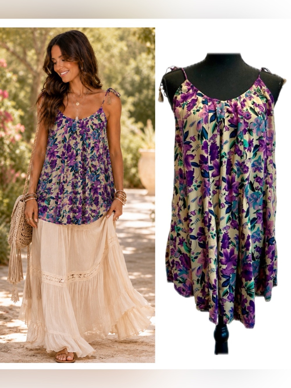 Gypsy Soul Purple Floral Boho Pleated Camisole Tank Top S/M NWT